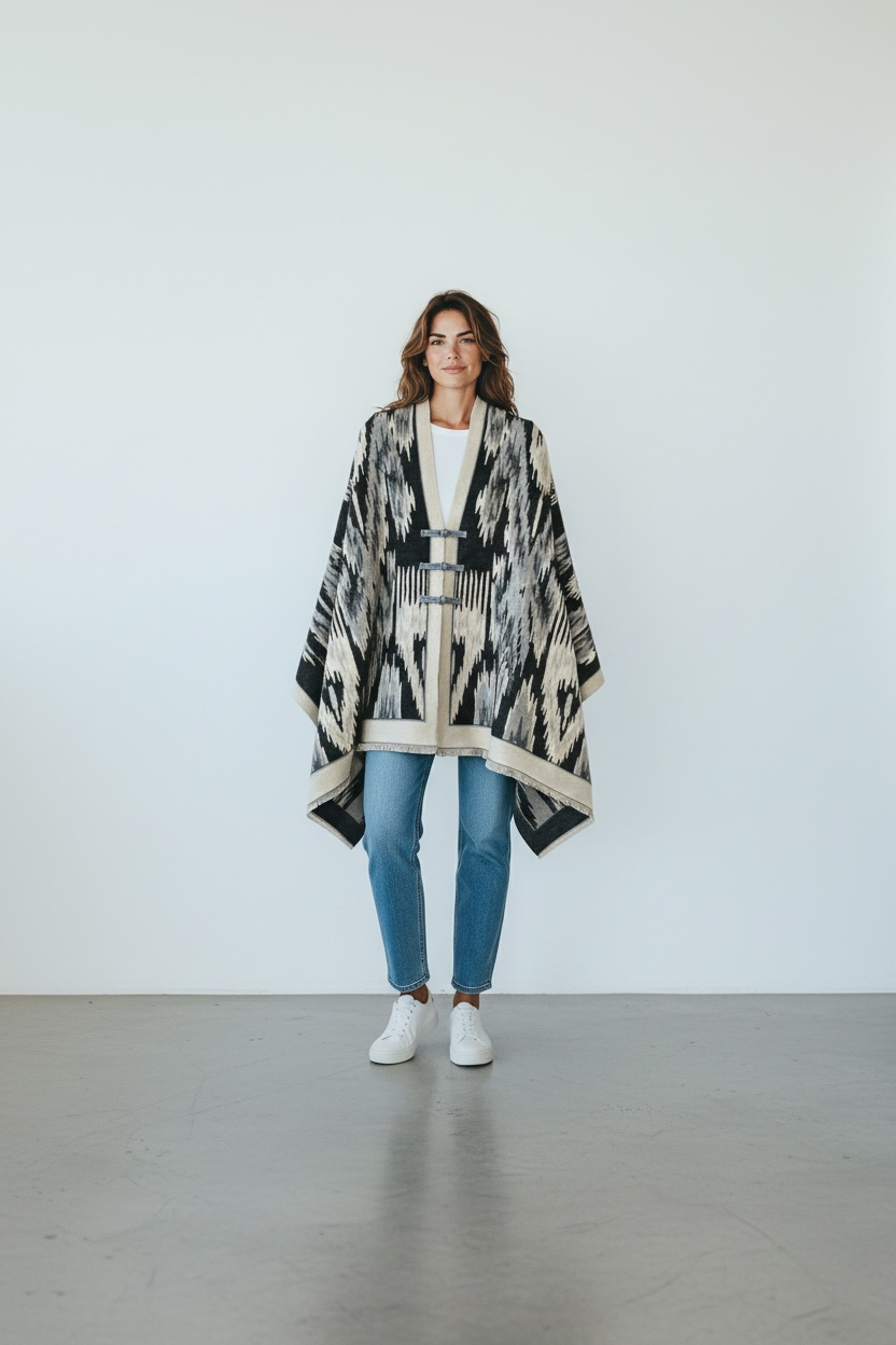 Print Toggle Front Cape Cardigan: BLACK / One Size