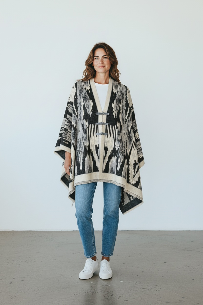 Print Toggle Front Cape Cardigan: BLACK / One Size