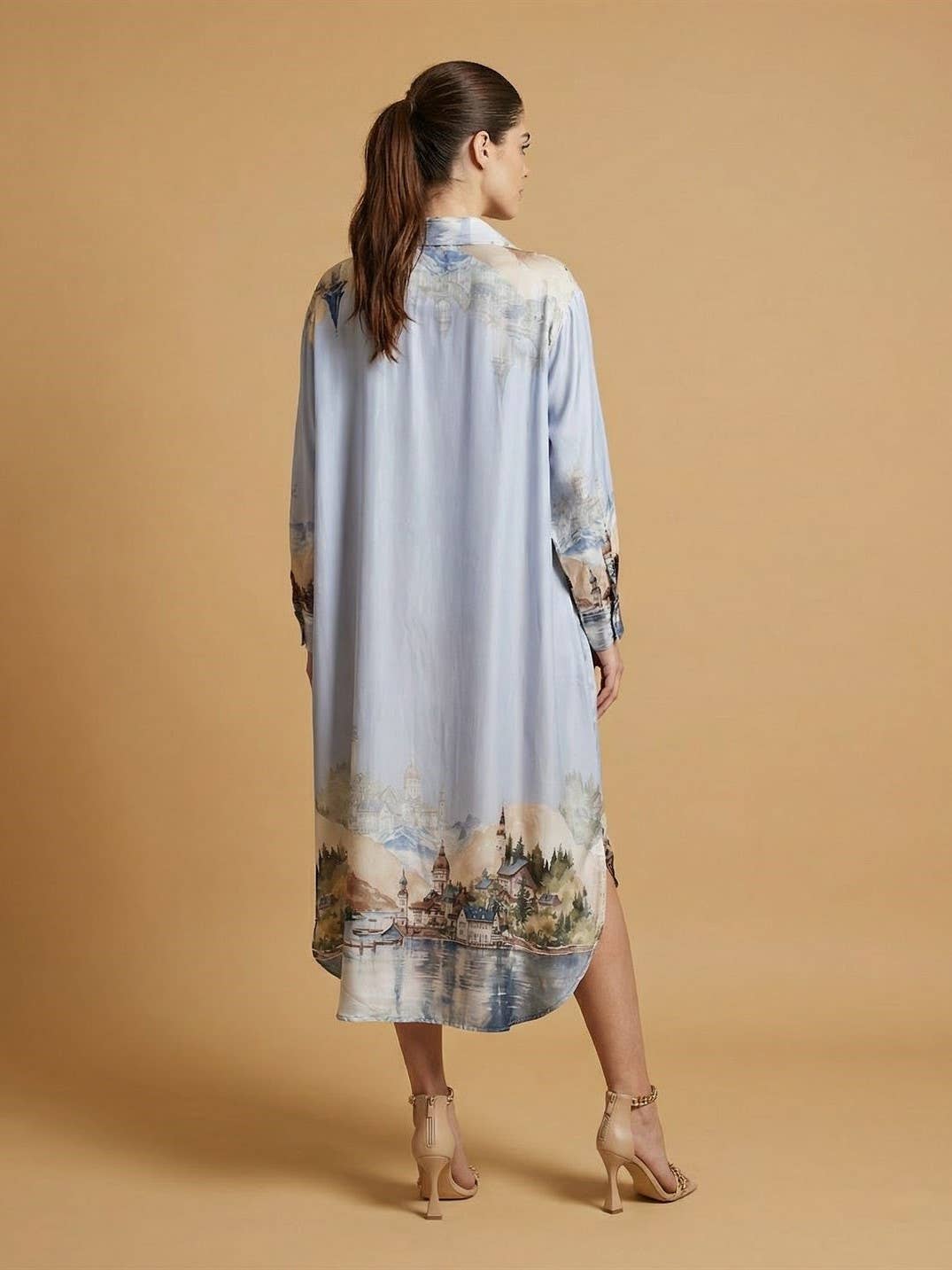 Long satin landscape print dress – KD6120VS-32: Navy Blue