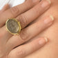 Gold coin ring with faceted smoky quartz crystal