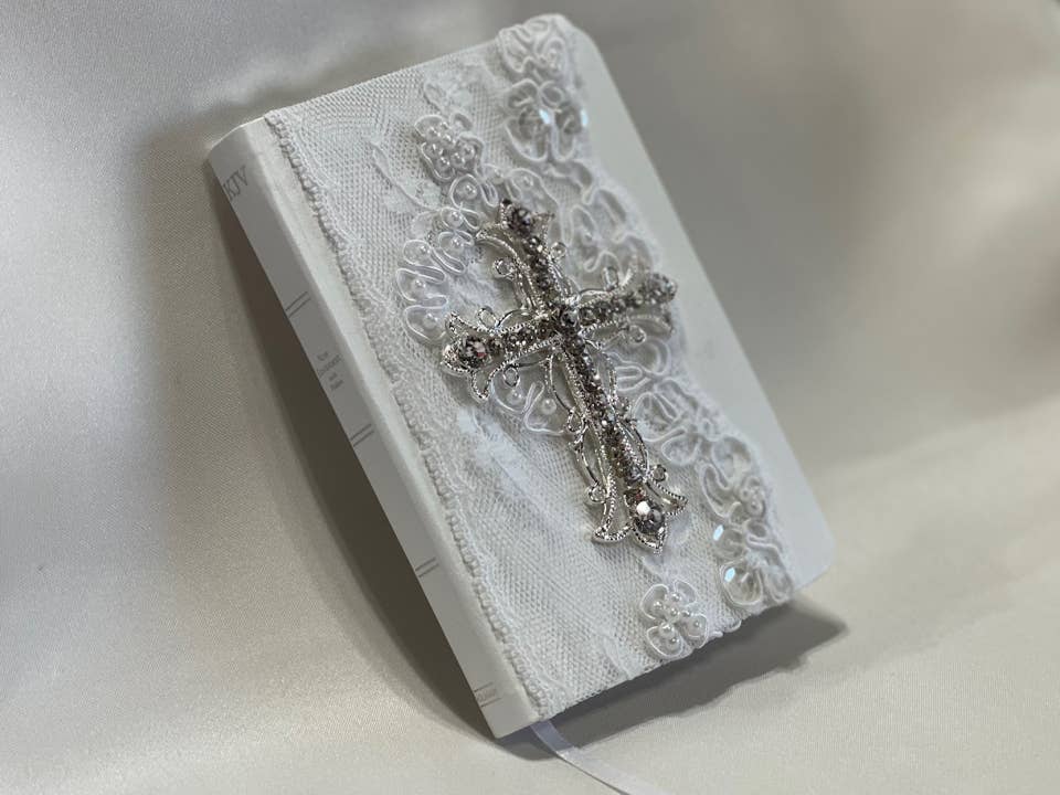 Baby Bible With Crystal Cross & Lace