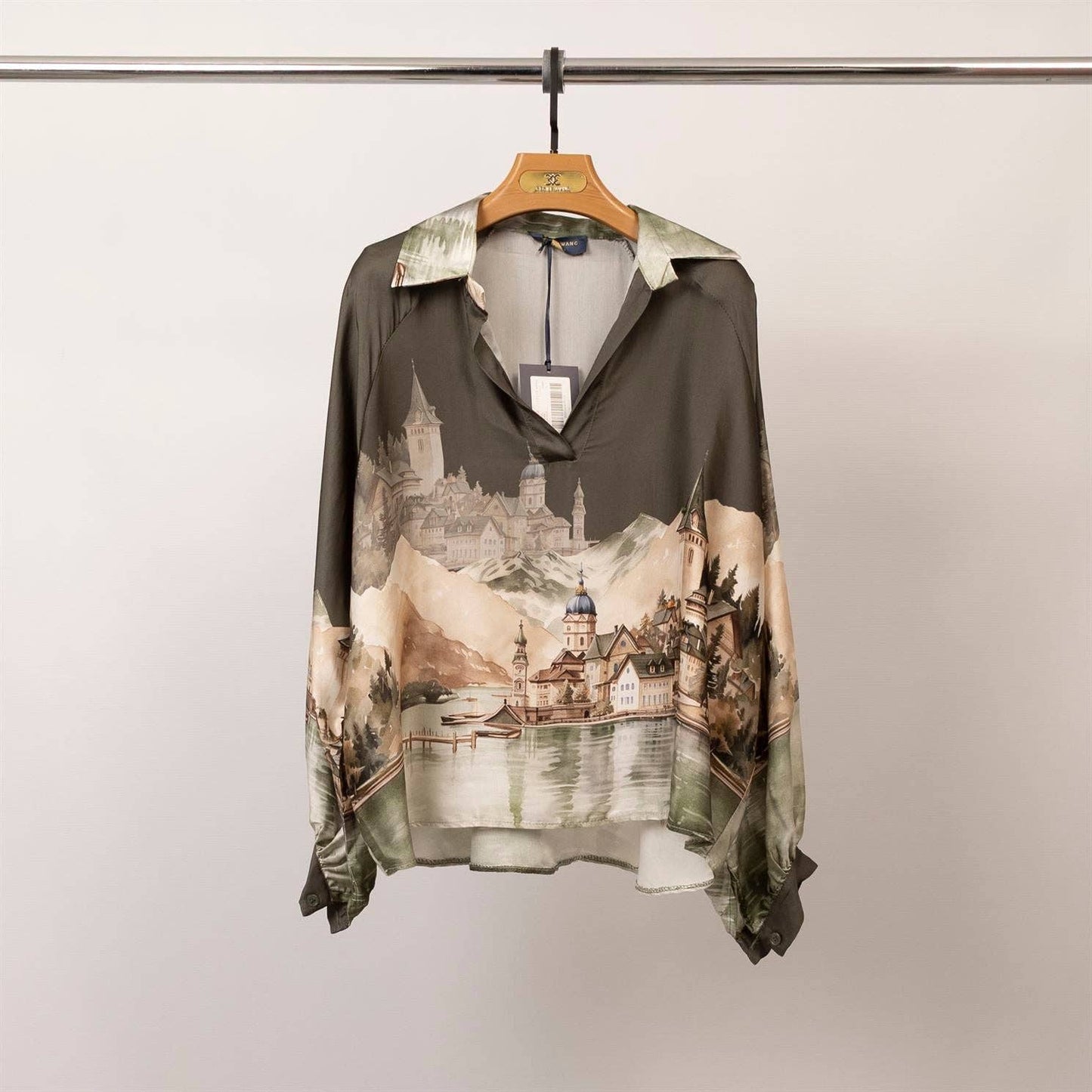 Satin landscape print tunic – KD7365VS-32: Navy Blue