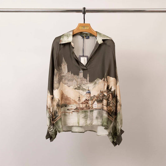 Satin landscape print tunic : Khaki