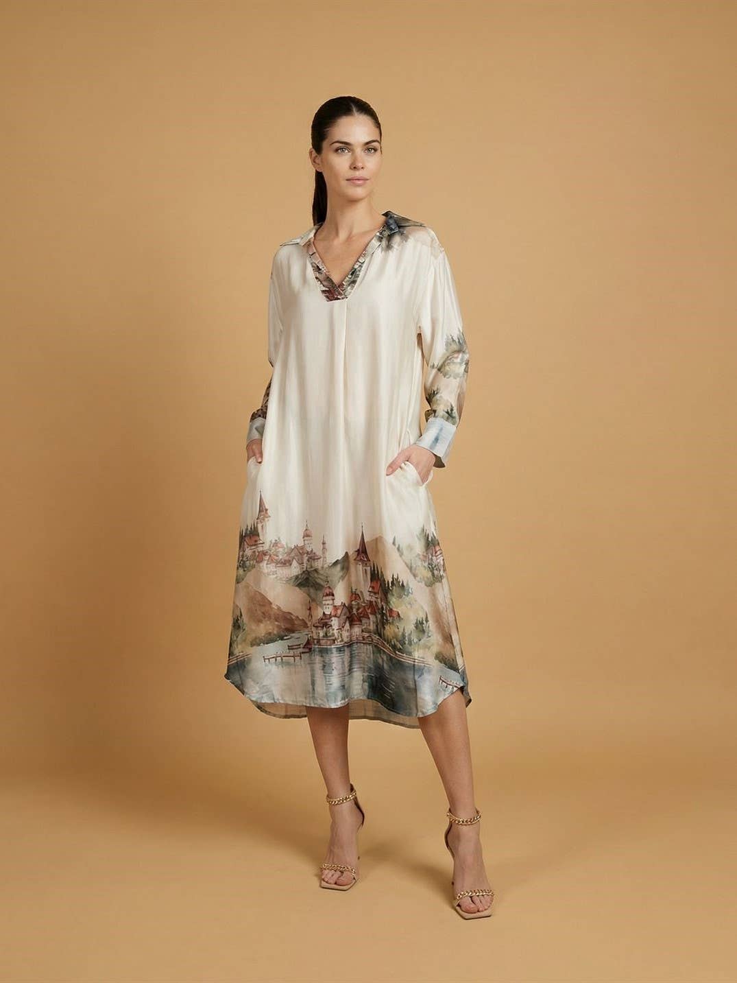 Long satin landscape print dress – KD6120VS-32: Navy Blue