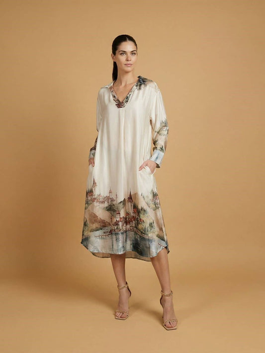 Long satin landscape print dress : Ivory