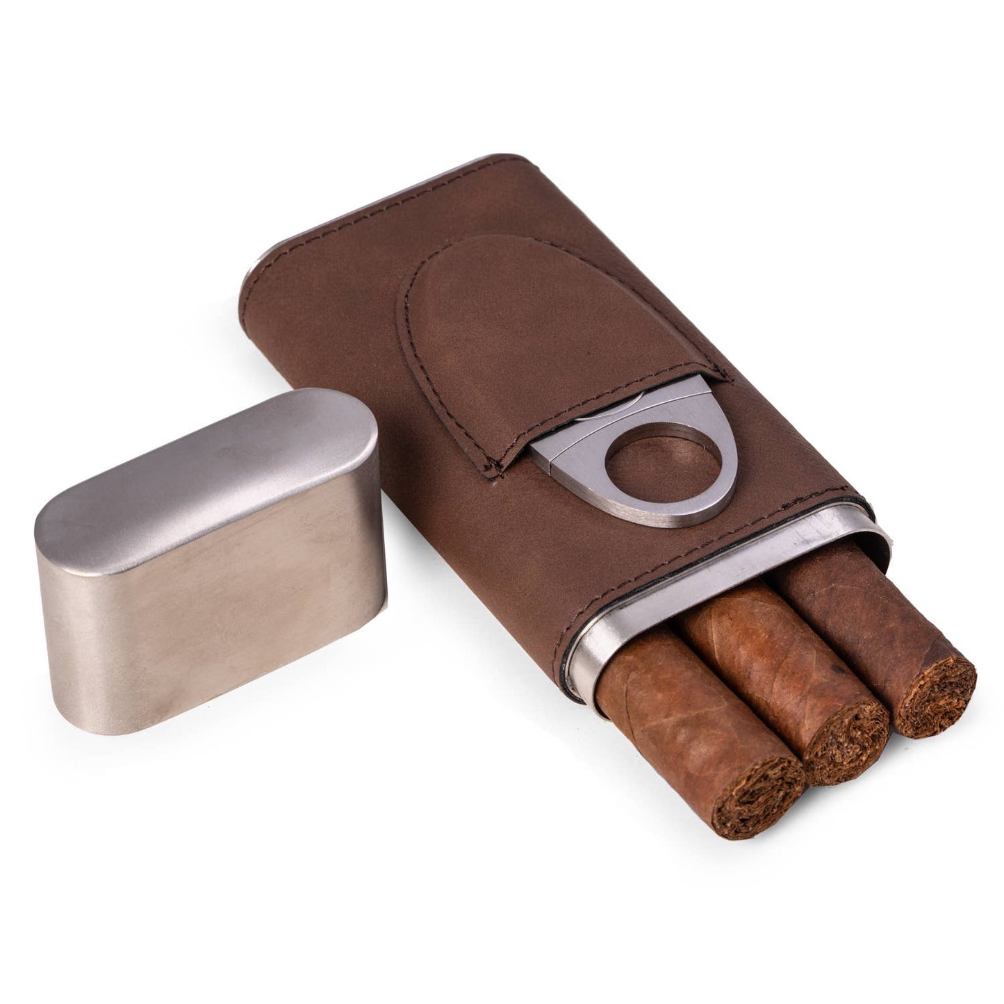 Harrison Leather and Steel Cigar Case with Cutter: Black