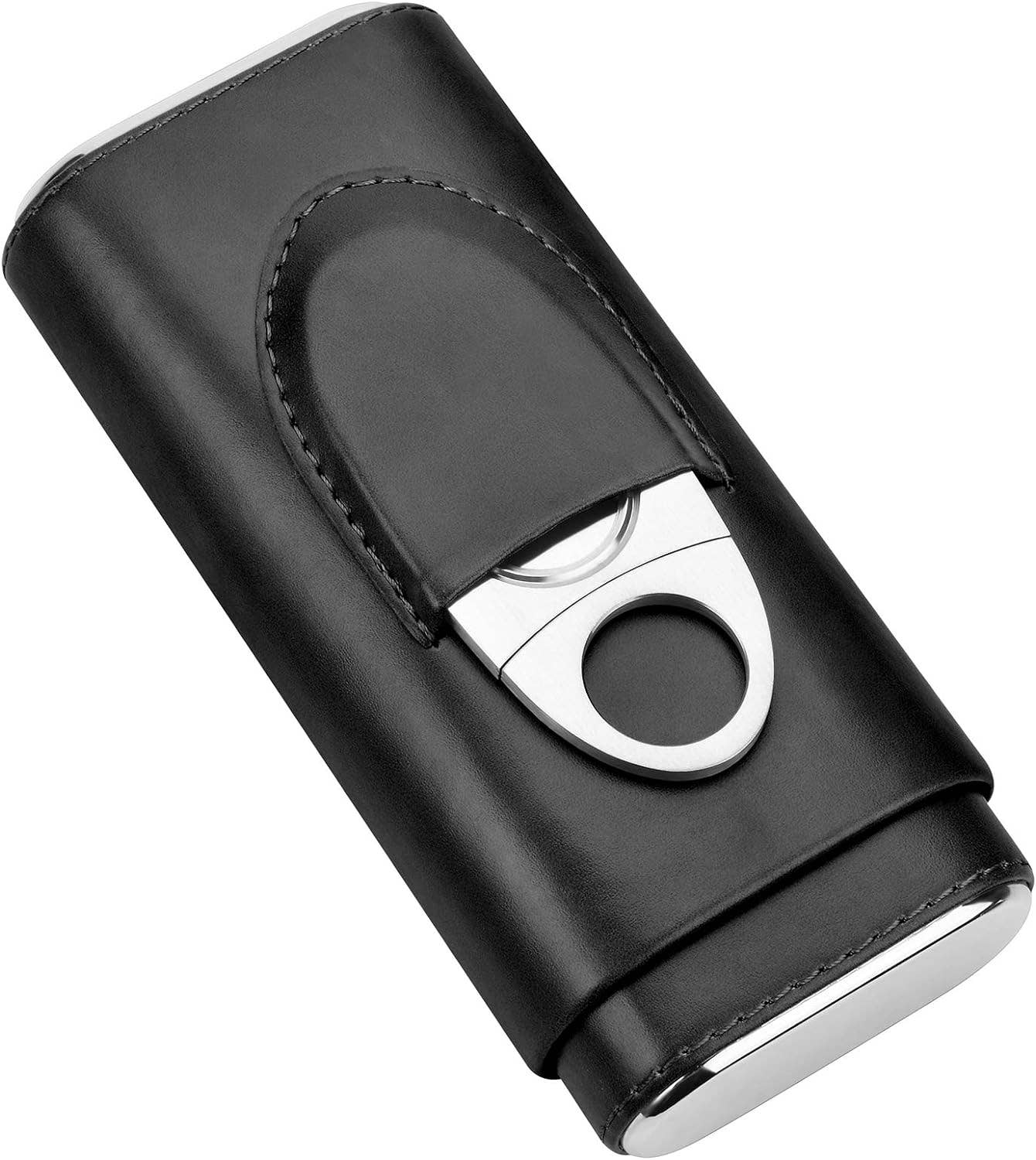 Genuine Leather Cigar Case, Wood Lined Humidor with Cutter: Brown