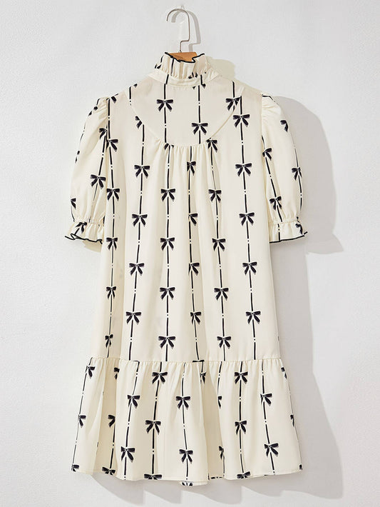 Bow print v-neck ruffle puff sleeve babydoll dress