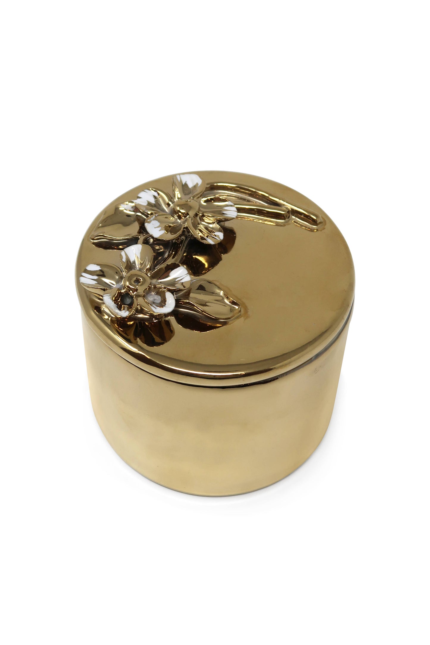 Round Gold Decorative Box With Flower Design Lid: Side Flower