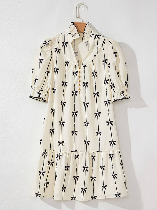 Bow print v-neck ruffle puff sleeve babydoll dress