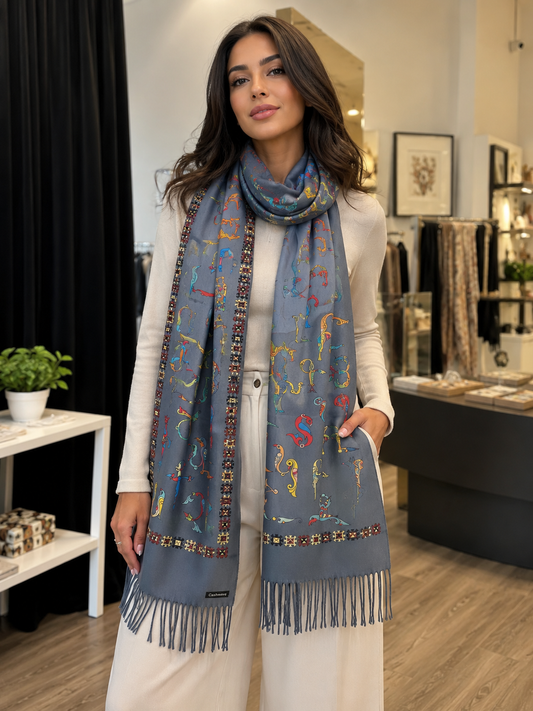 Armenian Alphabet Cashmere Scarf – Blue