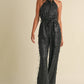 Feather Sequin Jumpsuit: Black