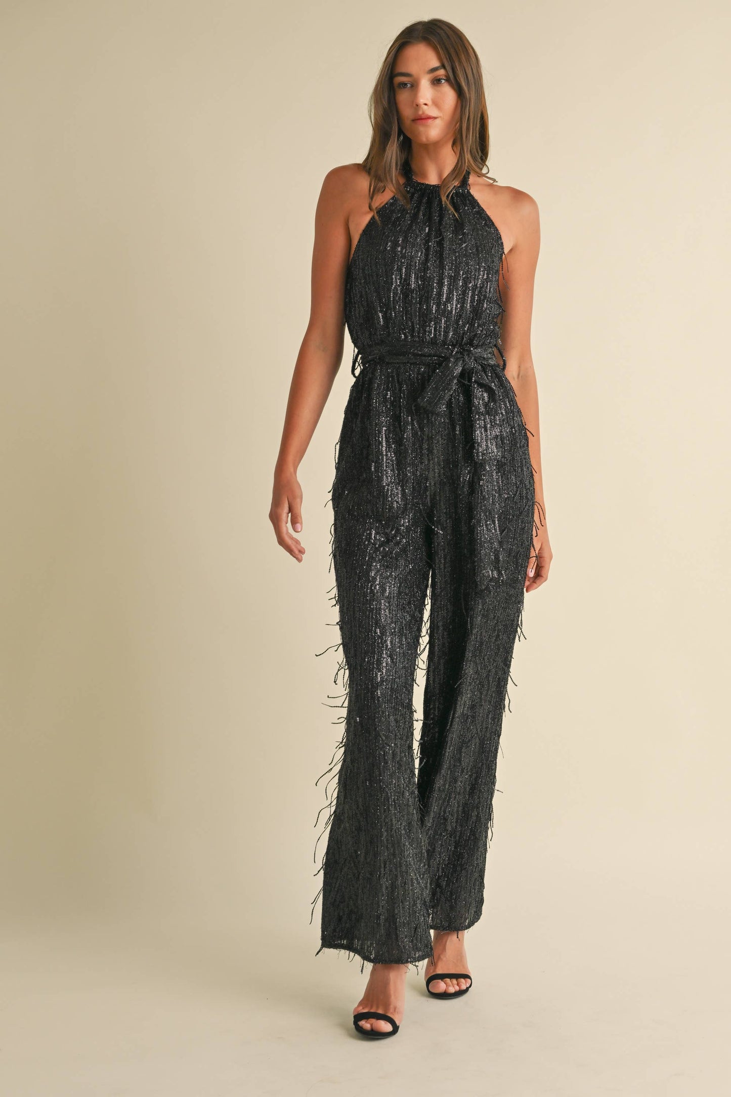 Feather Sequin Jumpsuit: Black