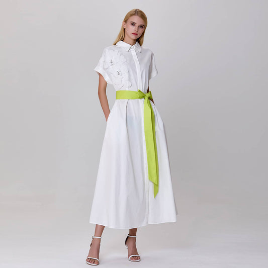 Minimalist shirt dress and contrasting belt: White