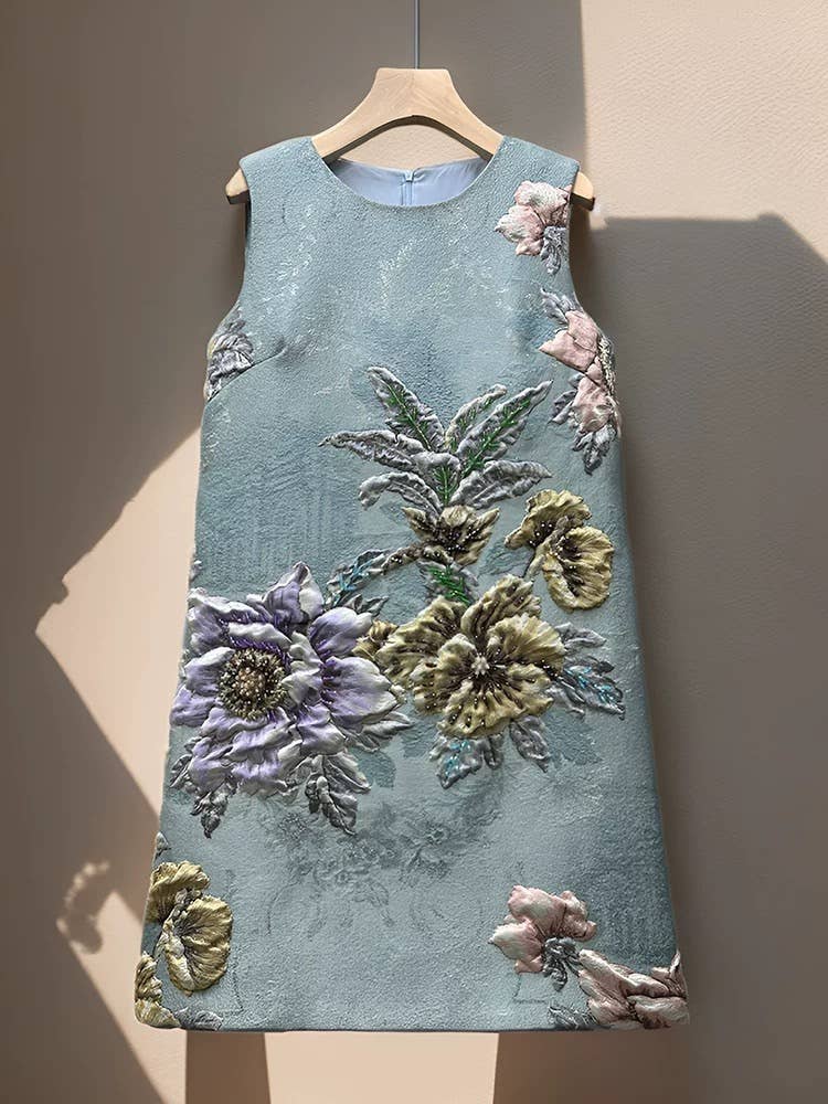 Embroidered Jacquard Floral A-Line Sleeveless Dress: Color as pictures