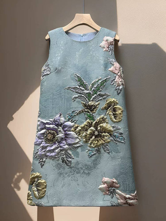 Embroidered Jacquard Floral A-Line Sleeveless Dress: Color as pictures