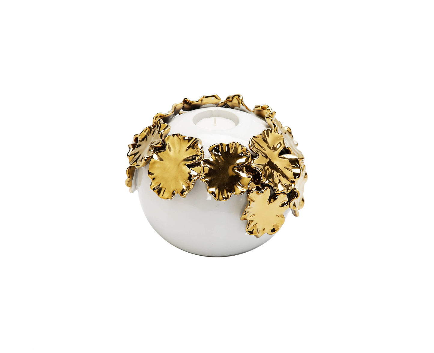 White Ceramic Candle Holder Gold Flower Design: Small