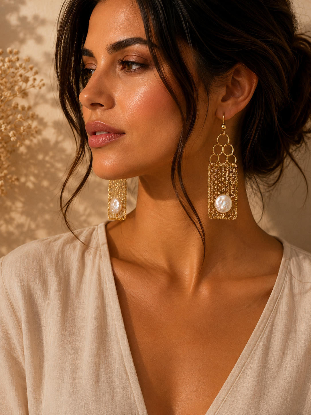 Pearl Cascade Golden Mesh Earrings