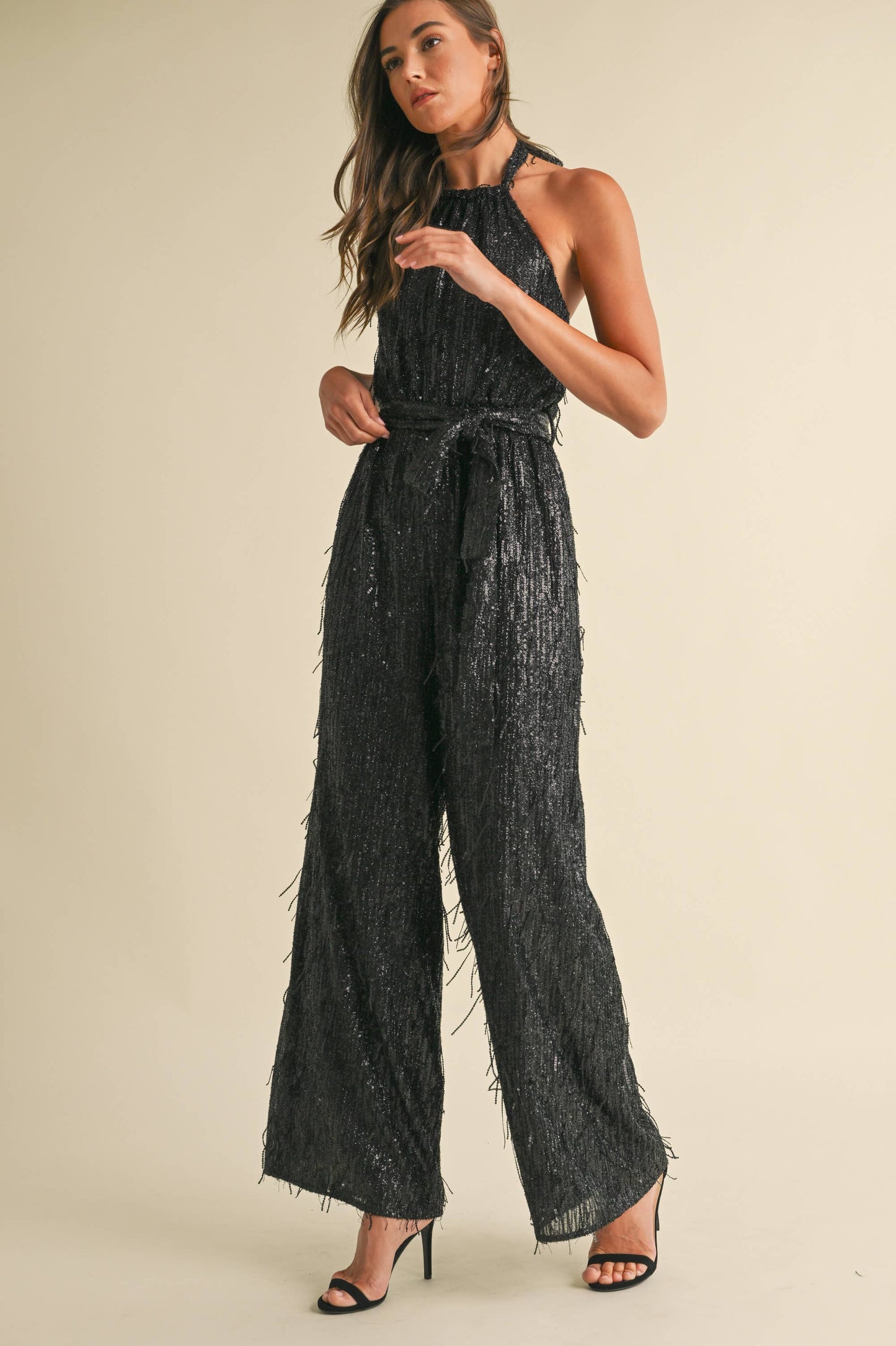 Feather Sequin Jumpsuit: Black