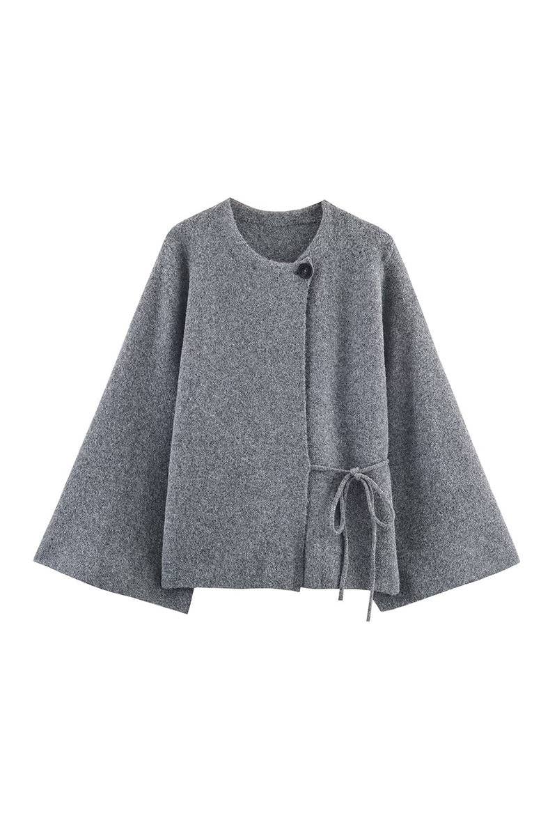 Asymmetrical Tie-Front Cape Jacket: GREY