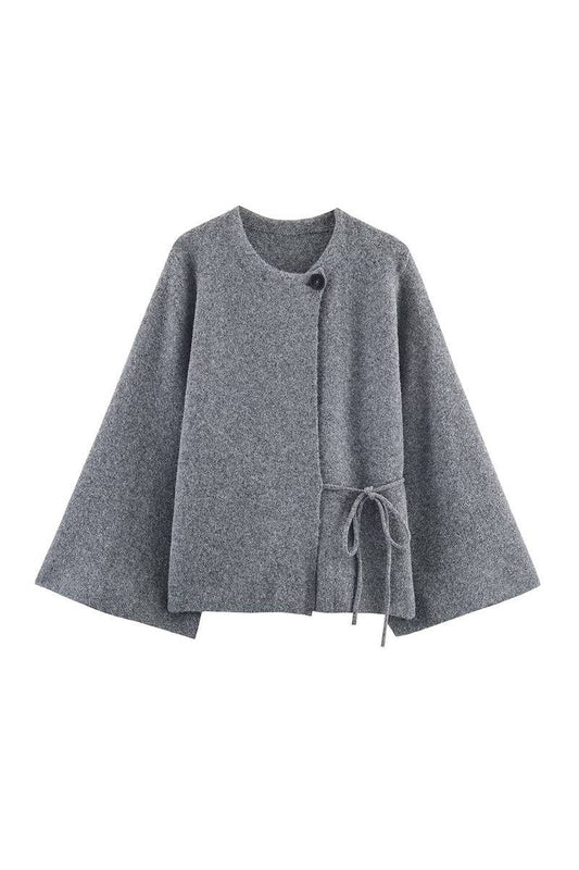Asymmetrical Tie-Front Cape Jacket: GREY