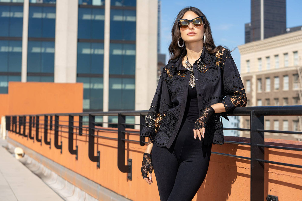 A104-B Embroidered Lace Button-Down Blouse: L