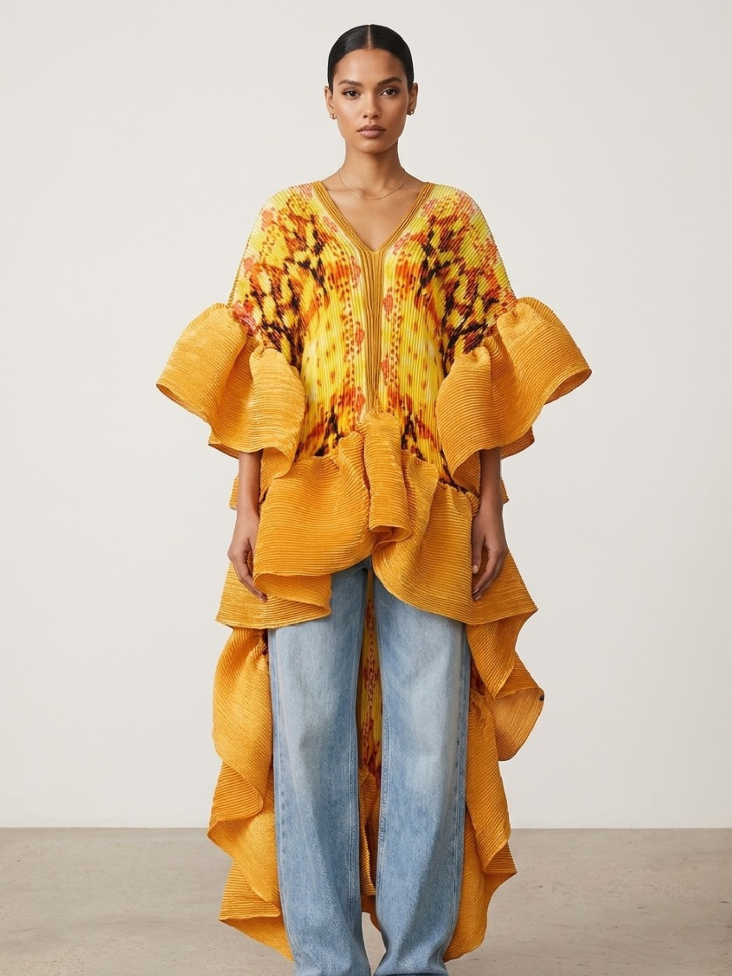 Plissé Ruffle Kimono Top – High Low Statement Tunic Dress: Brown