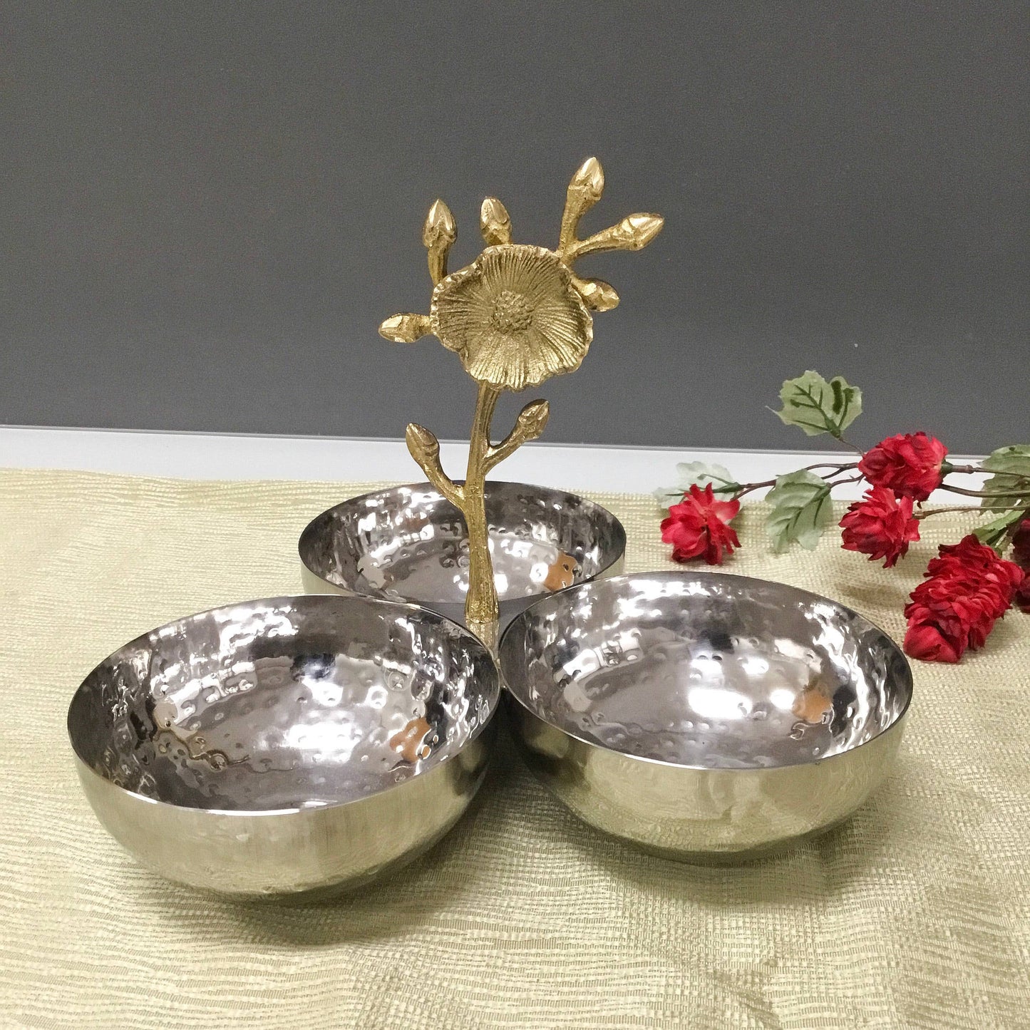 Hammered 3-Section Bowl w/ Gold Floral Handle