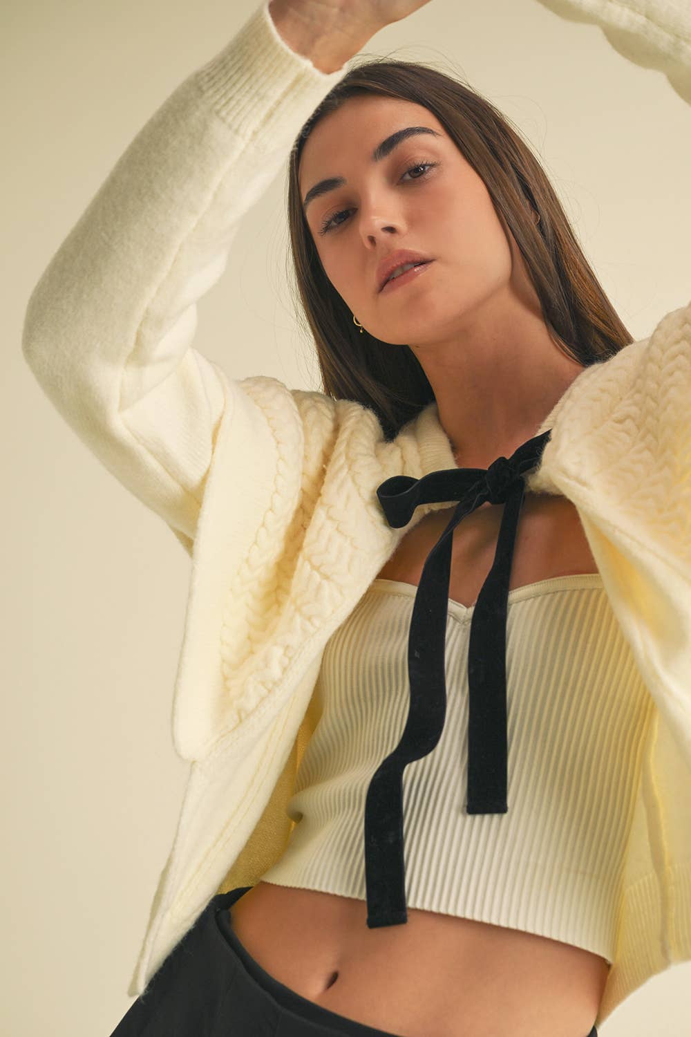 Cape-effect Cable Knit Cardigan: CREAM / Contemporary