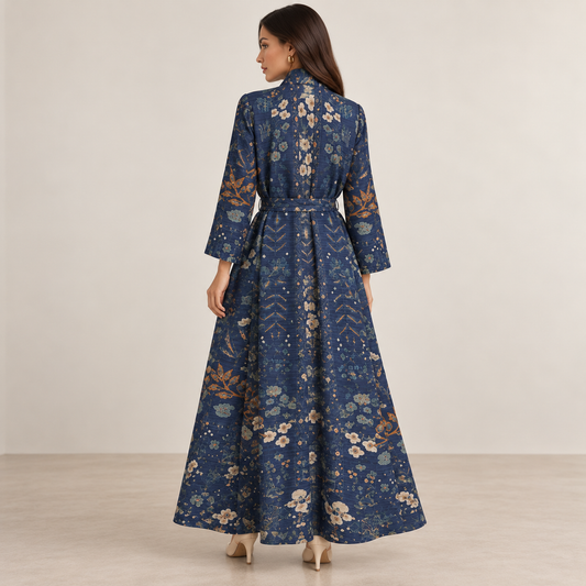 Heritage Antique Rug-Inspired Belted Kaftan Robe — Midnight Blue