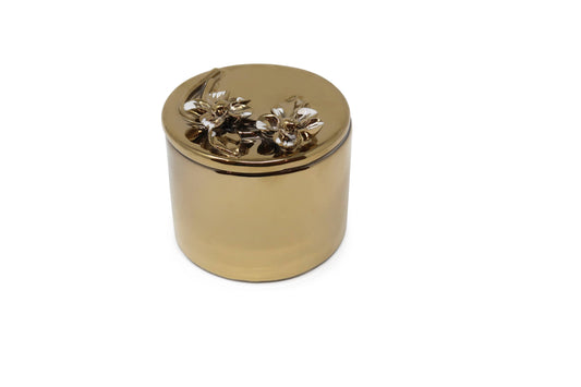Round Gold Decorative Box With Flower Design Lid: Side Flower