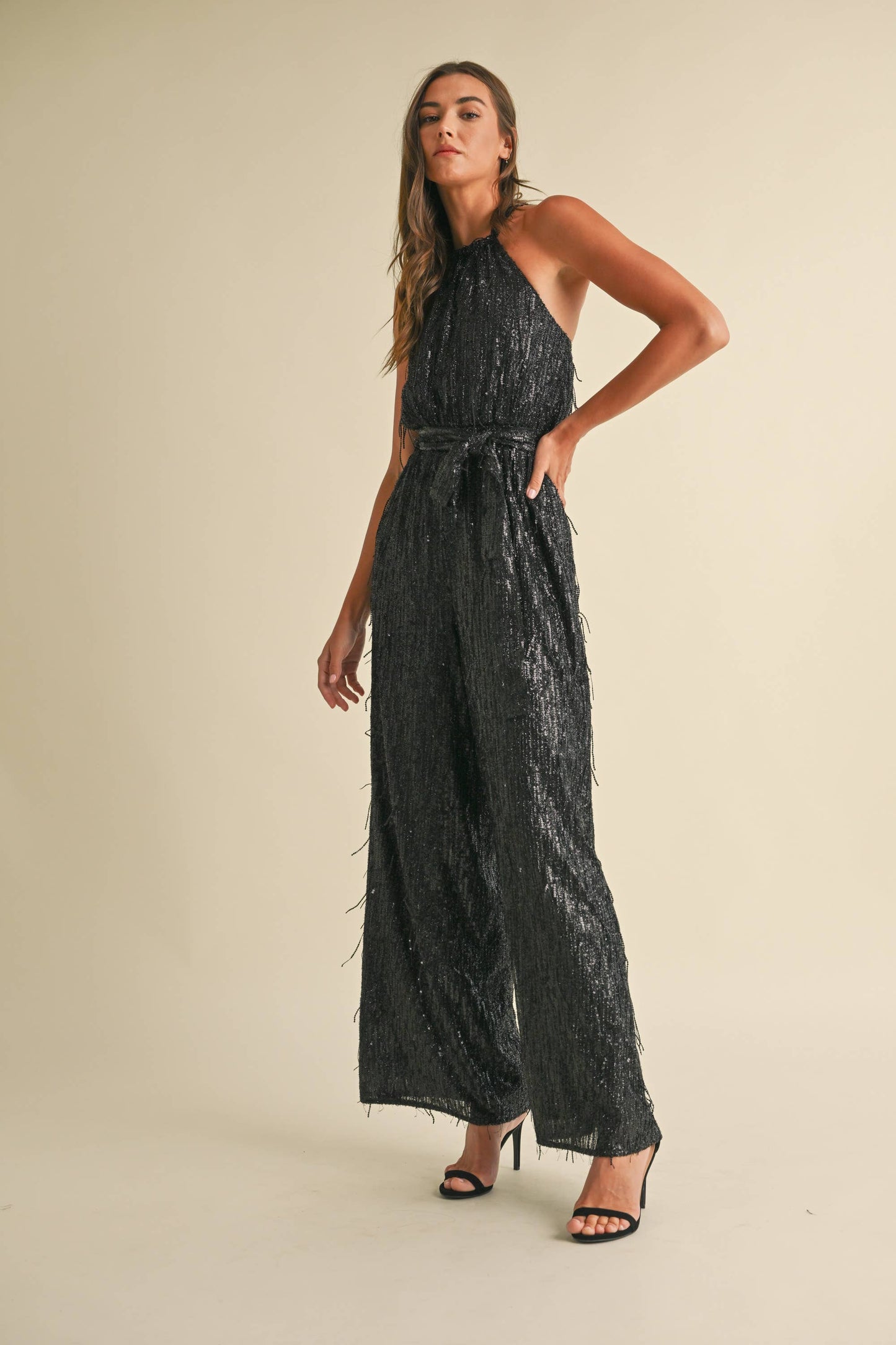 Feather Sequin Jumpsuit: Black