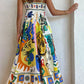 Folk print polyester strap swing midi dress
