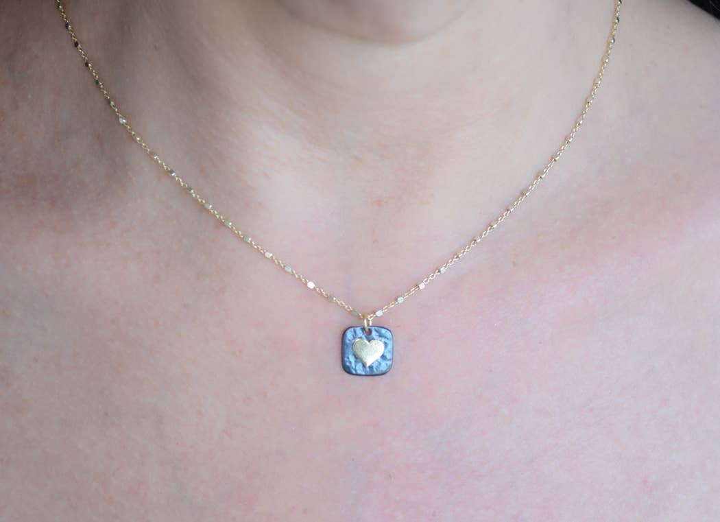 Mixed metal square pendant heart necklace