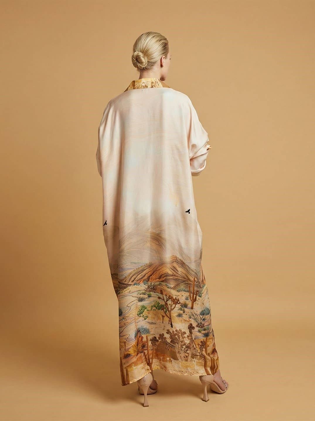 Long satin desert landscape print dress – KD9316VS-34: Sky Blue