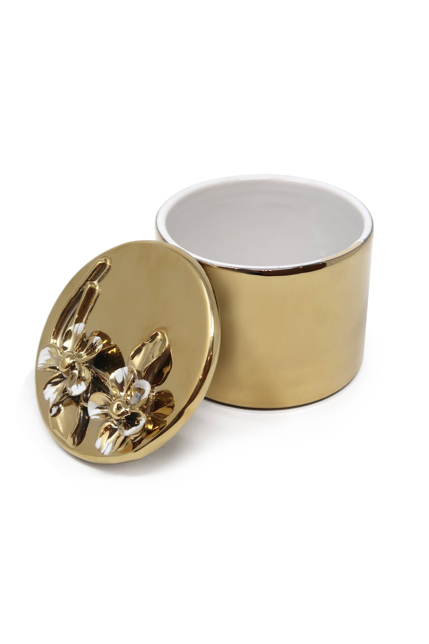 Round Gold Decorative Box With Flower Design Lid: Side Flower