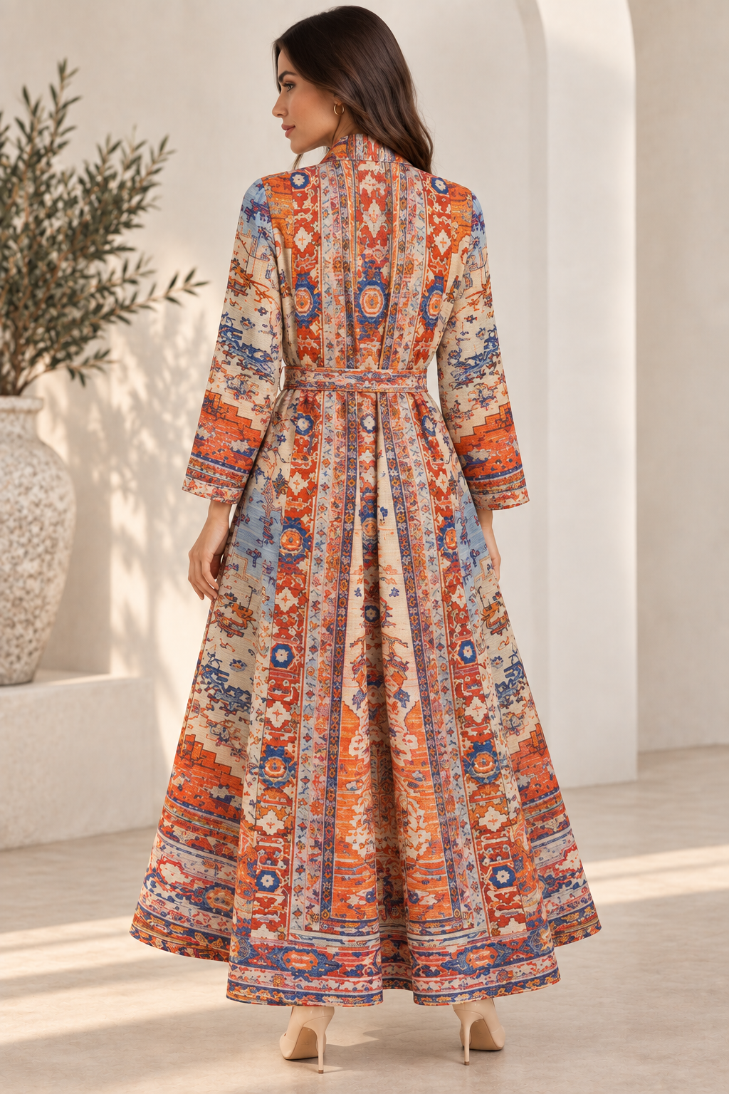 Heritage Antique Rug-Inspired Belted Kaftan Robe — Ivory Spice
