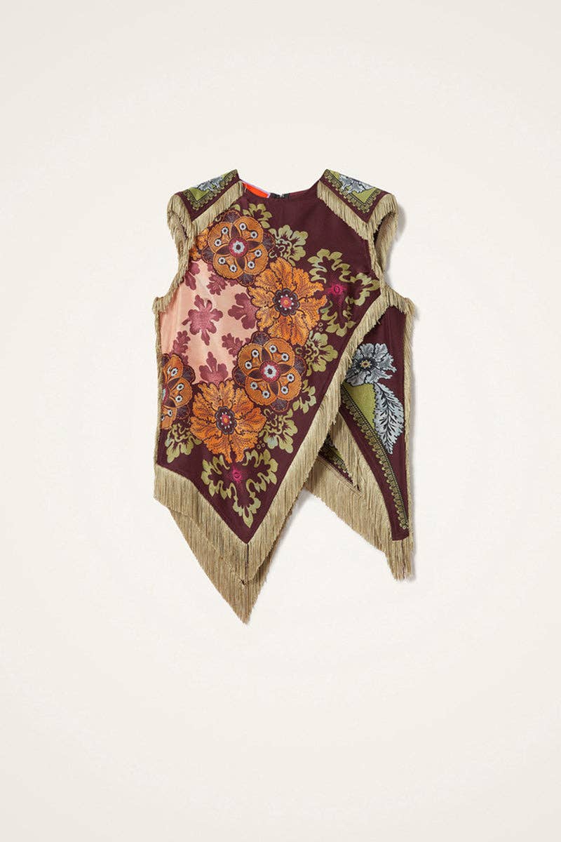 Asymmetrical Fringe Cross Top: WINE / S