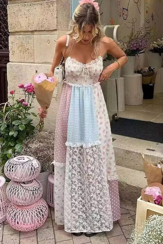 Floral sheer mesh lace patchwork halter maxi flare dress: Floral