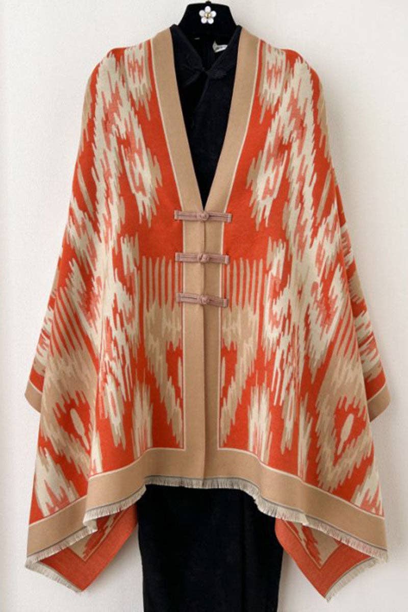 Print Toggle Front Cape Cardigan: WINE / One Size