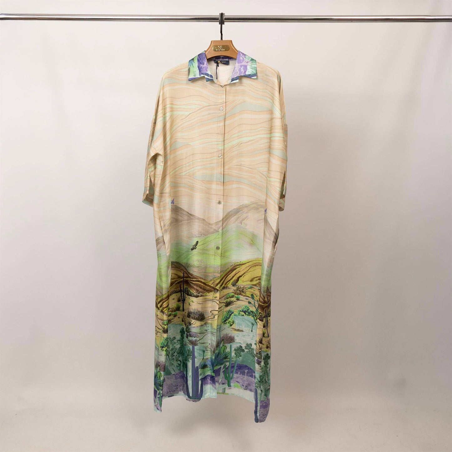 Long satin desert landscape print dress – KD9316VS-34: Sky Blue