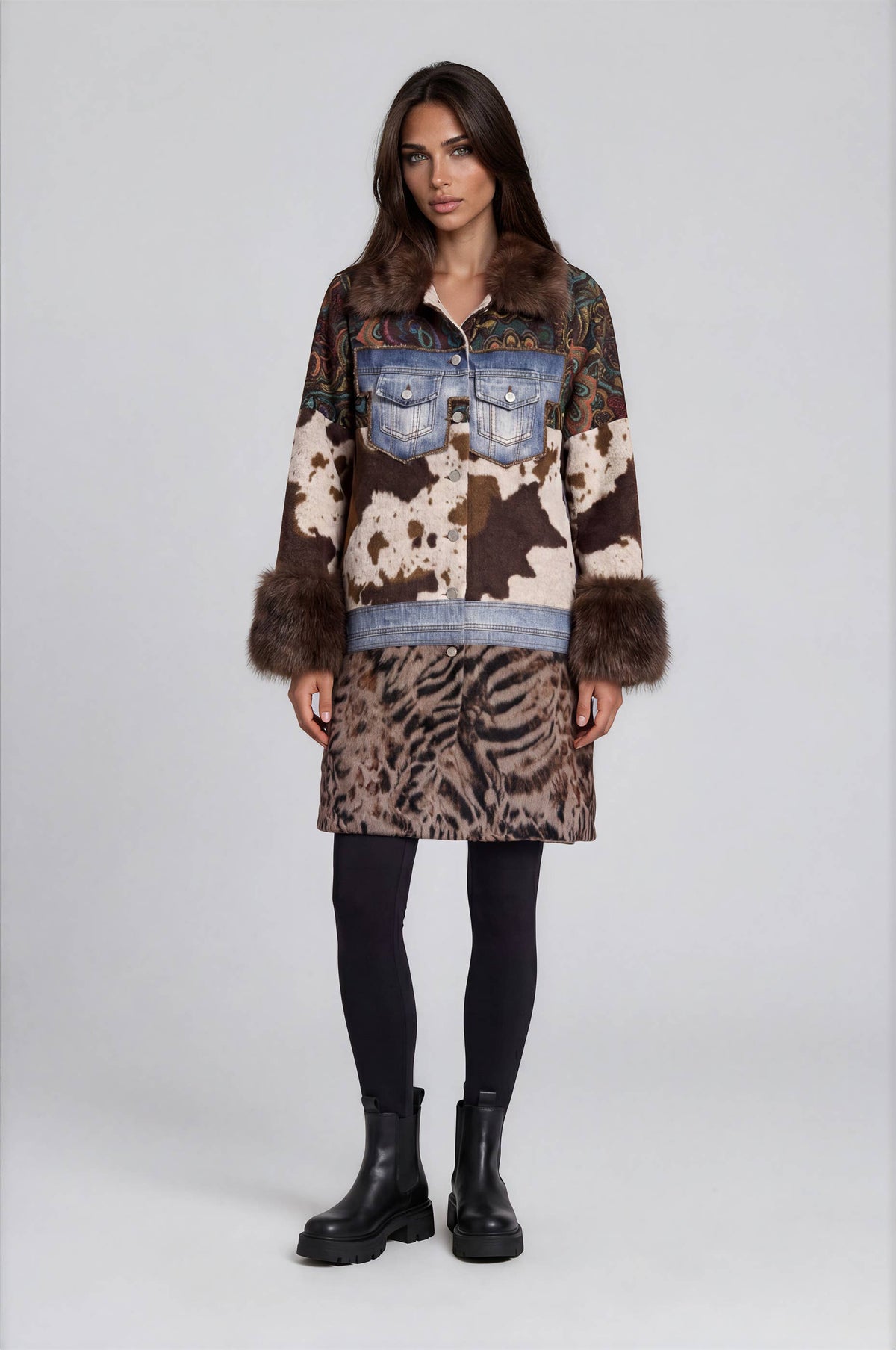 Mixed Media Faux Fur Statement Coat: L