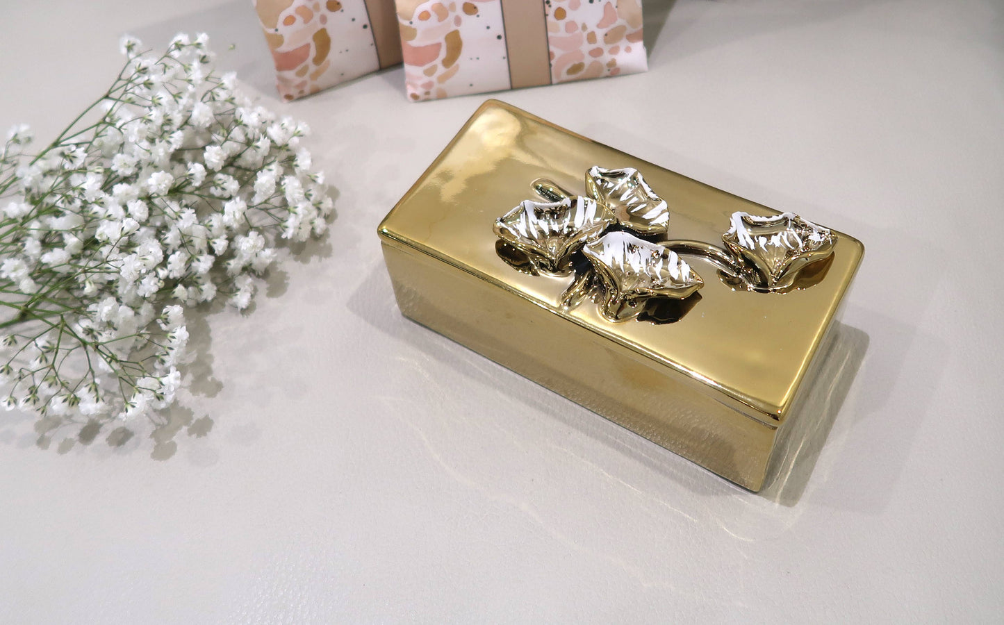 Oblong Gold Decorative Box With Flower Design Lid: Flower