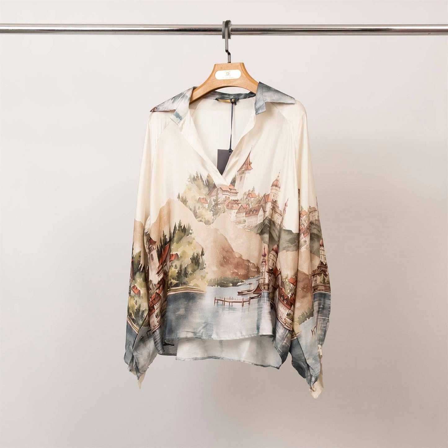Satin landscape print tunic – KD7365VS-32: Navy Blue