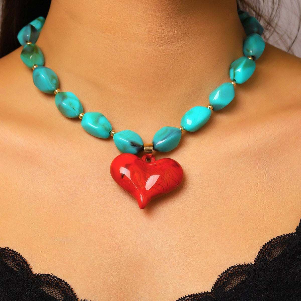 Heart Pendant Beaded Necklace: 1 / One Size