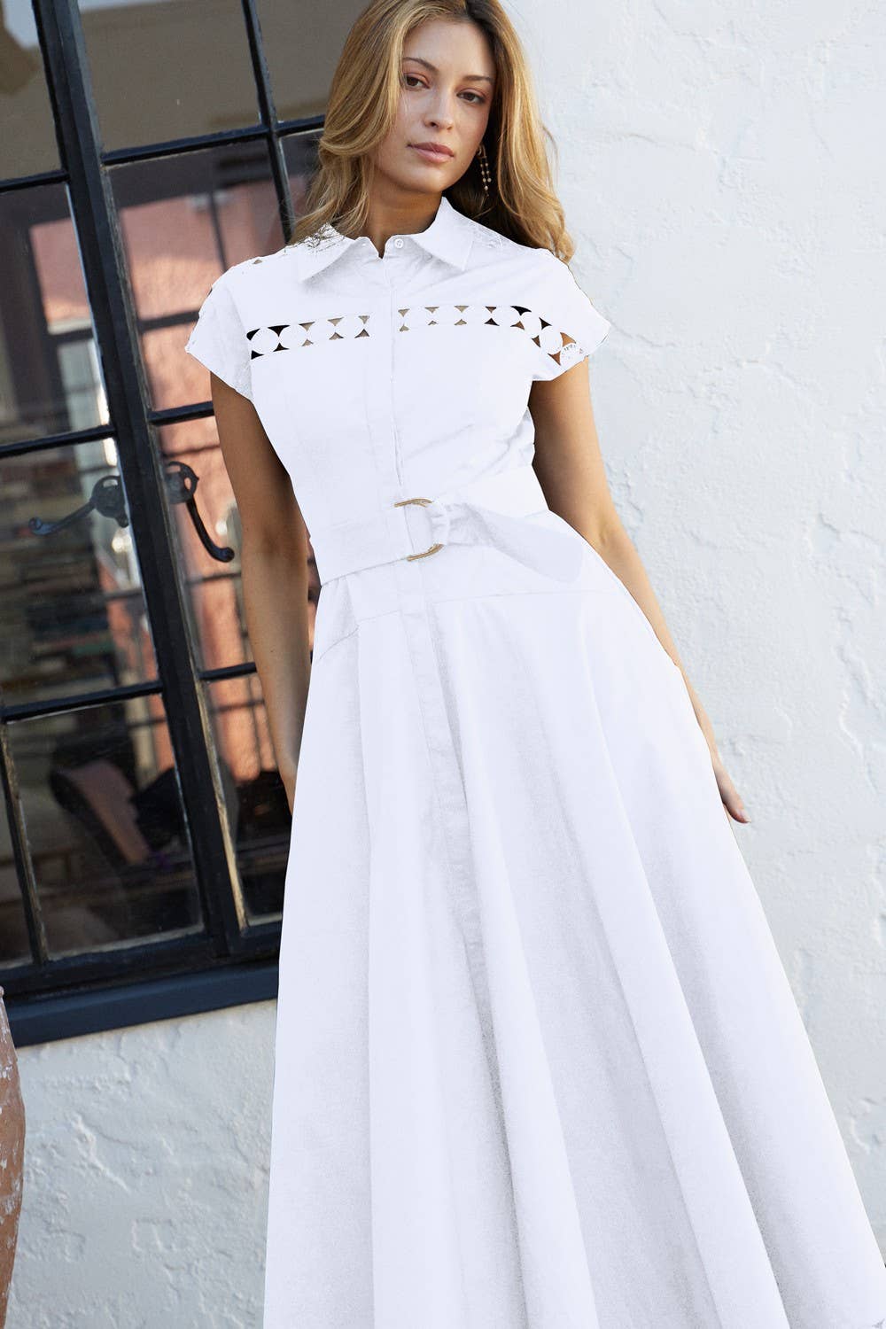 Short Sleeve Lace Trim Belted Maxi Dress