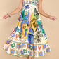 Folk print polyester strap swing midi dress