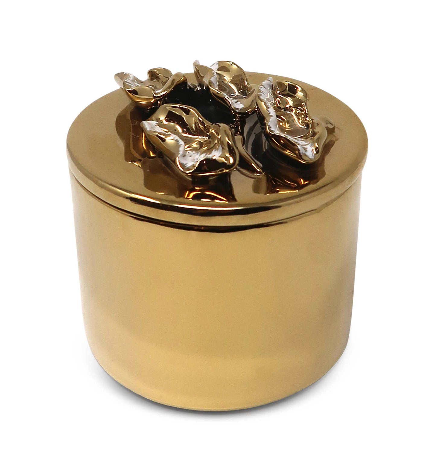 Round Gold Decorative Box With Flower Design Lid: Side Flower