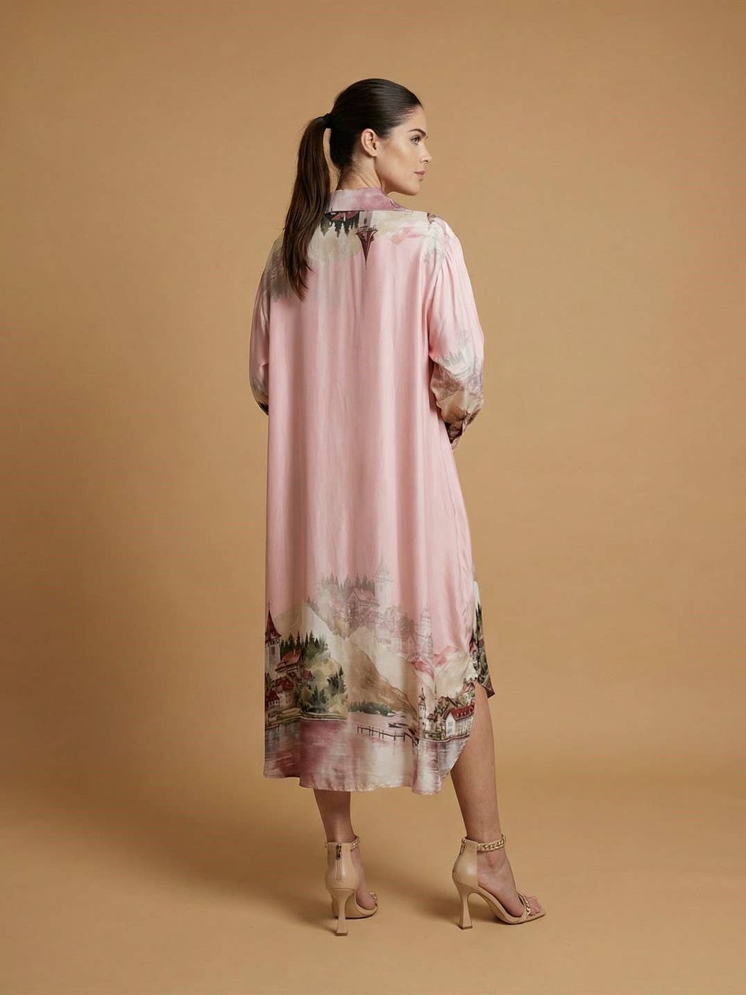 Long satin landscape print dress – KD6120VS-32: Navy Blue