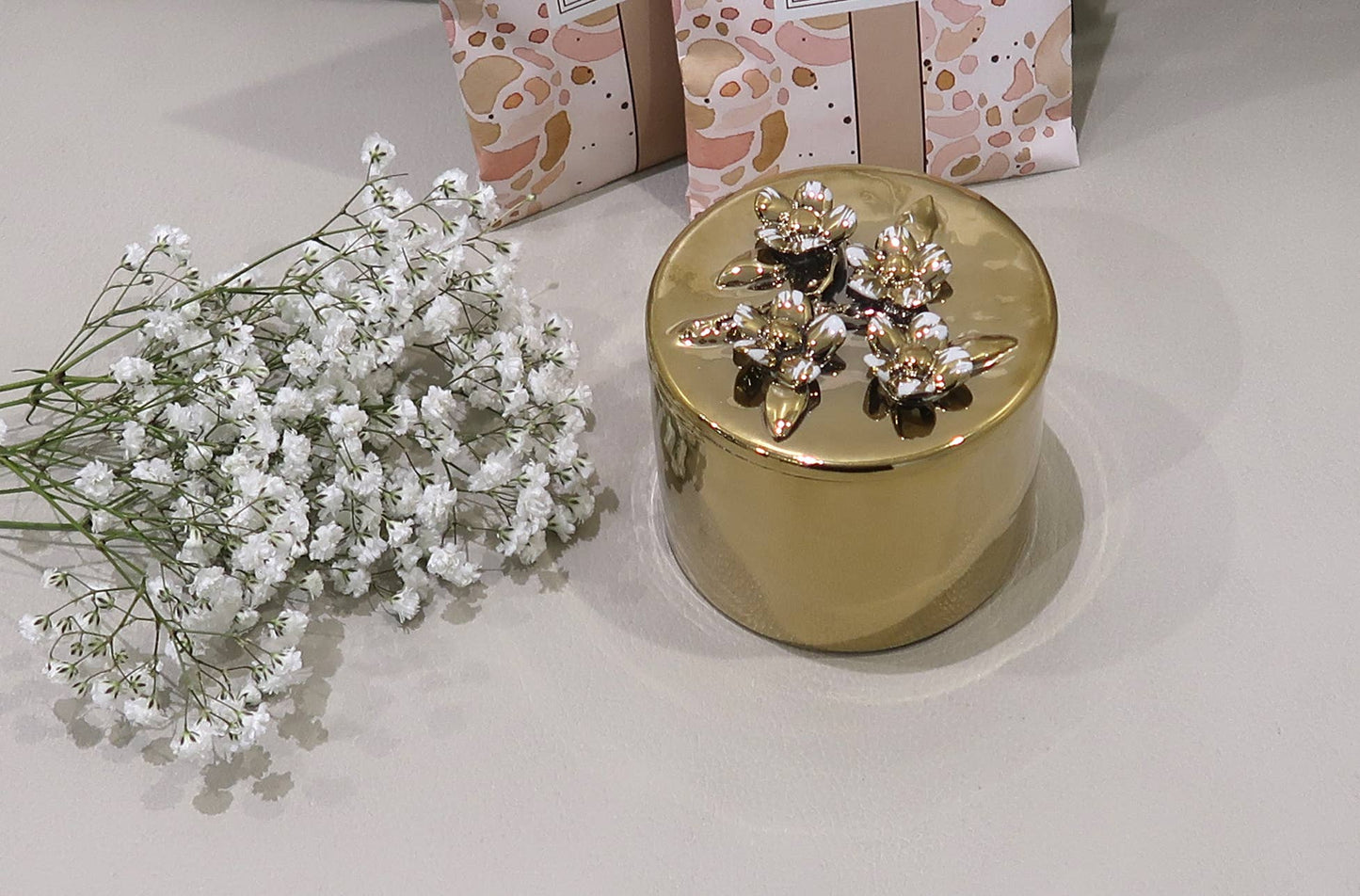 Round Gold Decorative Box With Flower Design Lid: Side Flower